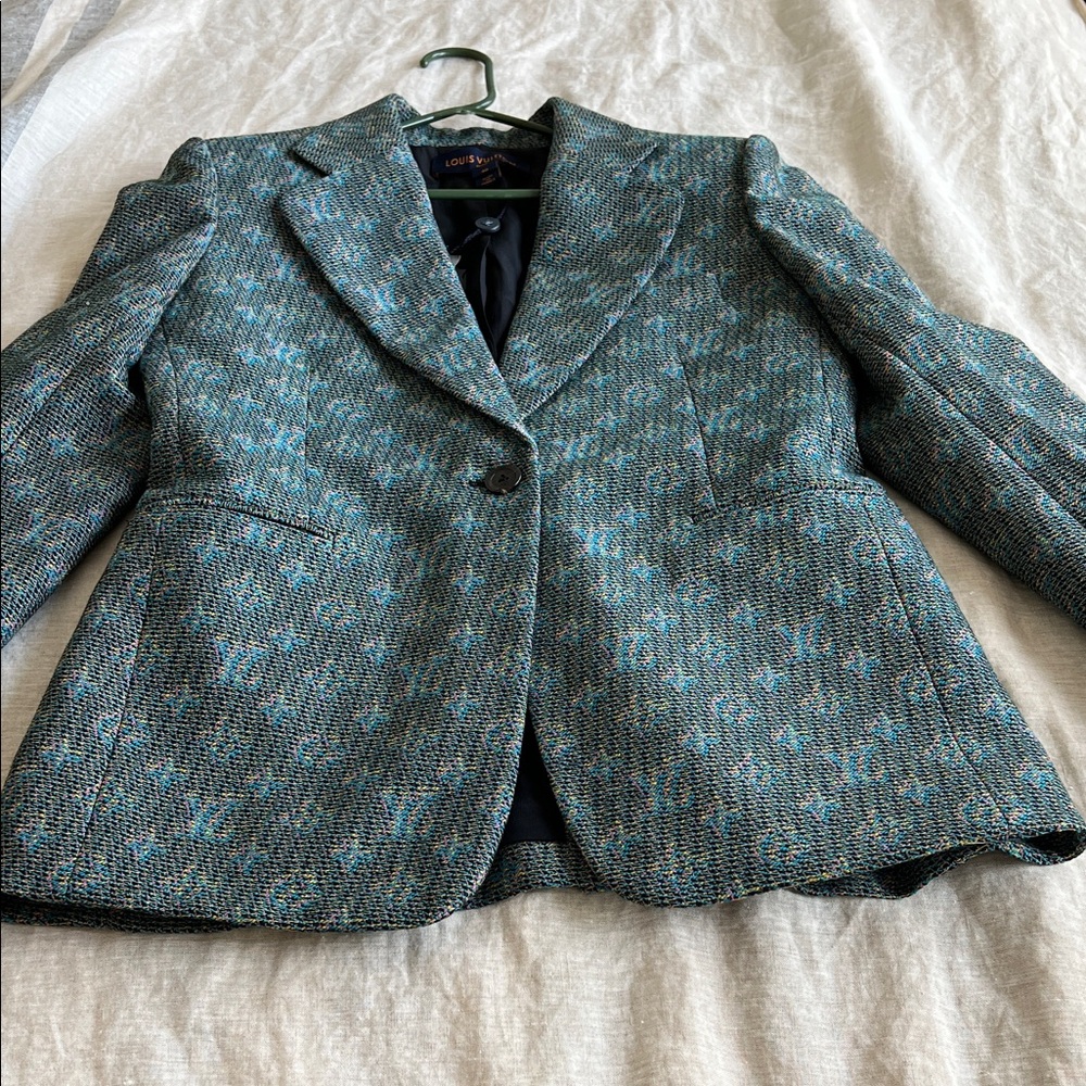 Louis Vuitton Teal and Blue Tweed Single-Button Blazer